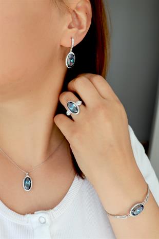 925 Ayar Gümüş Blue Topaz Oval Taşlı Takı Seti