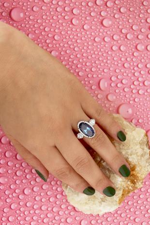 925 Ayar Gümüş Blue Topaz Oval Taşlı Takı Seti