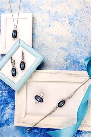 925 Ayar Gümüş Blue Topaz Oval Taşlı Takı Seti