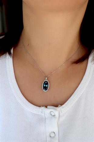 925 Ayar Gümüş Blue Topaz Oval Taşlı Takı Seti