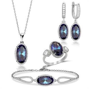 925 Ayar Gümüş Blue Topaz Oval Taşlı Takı Seti
