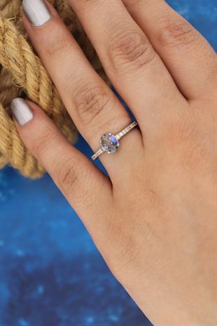 925 Ayar Gümüş Blue Topaz Oval Taşlı Yüzük