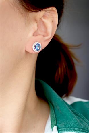 925 Ayar Gümüş Blue Topaz Yuvarlak Taşlı Küpe