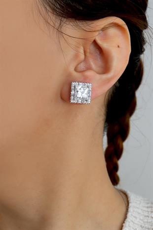 925 Ayar Gümüş Büyük Kare Taşlı Gümüş Küpe