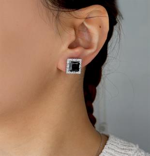 925 Ayar Gümüş Büyük Siyah Kare Taşlı Gümüş Küpe