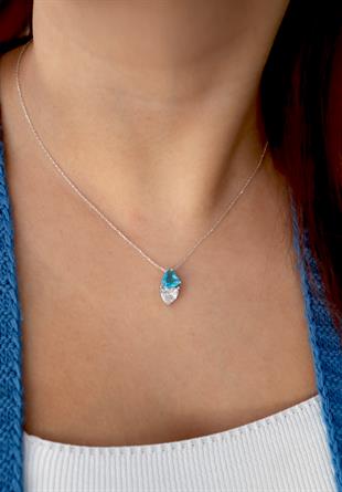 925 Ayar Gümüş Çift Kalpli Aquamarin Taşlı Kolye