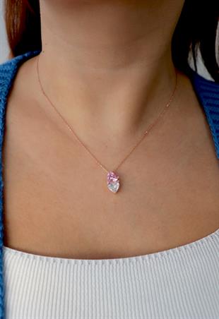 925 Ayar Gümüş Çift Kalpli Pembe Taşlı Kolye