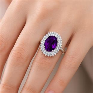 925 Ayar Gümüş Çift Sıra Ametsit Taşlı Oval Yüzük