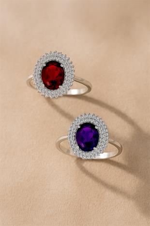 925 Ayar Gümüş Çift Sıra Kırmızı Taşlı Oval Yüzük