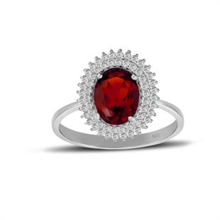 925 Ayar Gümüş Çift Sıra Kırmızı Taşlı Oval Yüzük