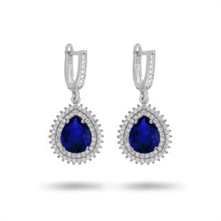 925 Ayar Gümüş Çift Sıra Kristal Safir Taşlı Damla Küpe