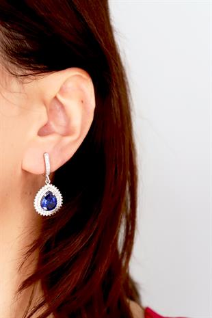 925 Ayar Gümüş Çift Sıra Kristal Safir Taşlı Damla Küpe