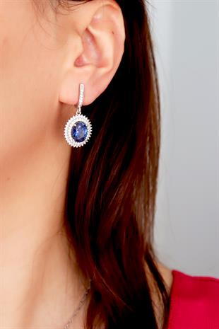 925 Ayar Gümüş Çift Sıra Kristal Safir Taşlı Oval Küpe