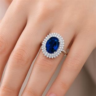 925 Ayar Gümüş Çift Sıra Kristal Safir  Taşlı Oval Yüzük