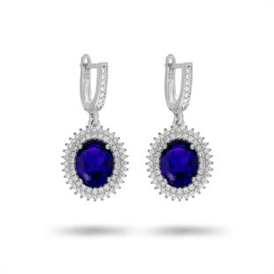 925 Ayar Gümüş Çift Sıra Kristal Safir Taşlı Oval Küpe