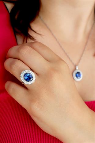925 Ayar Gümüş Çift Sıra Kristal Safir  Taşlı Oval Yüzük