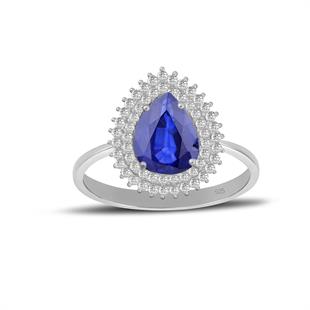 925 Ayar Gümüş Çift Sıra Kristal Safir  Taşlı Damla Yüzük