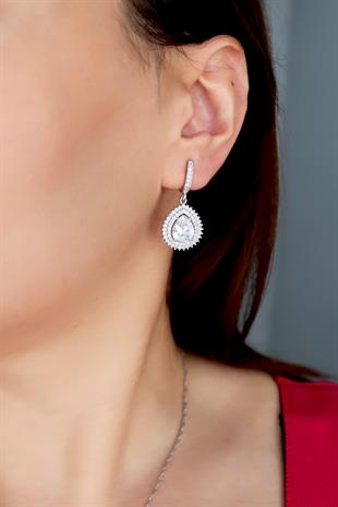 925 Ayar Gümüş Çift Sıra Taşlı Damla Küpe