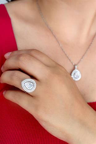 925 Ayar Gümüş Çift Sıra Taşlı Damla Yüzük