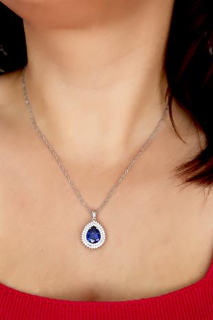 925 Ayar Gümüş Çift Sıra Taşlı Kristal Safir Damla Kolye