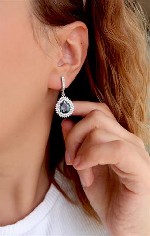 925 Ayar Gümüş Çift Sıra Taşlı Mistik Topaz Damla Küpe