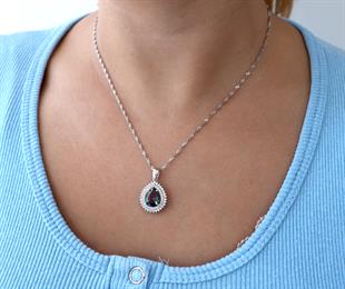 925 Ayar Gümüş Çift Sıra Taşlı Mistik Topaz Damla Kolye