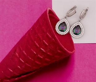 925 Ayar Gümüş Çift Sıra Taşlı Mistik Topaz Damla Küpe