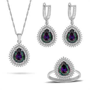 925 Ayar Gümüş Çift Sıra Taşlı Mistik Topaz Damla Takı Seti