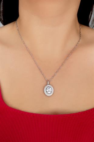 925 Ayar Gümüş Çift Sıra Taşlı Oval Kolye