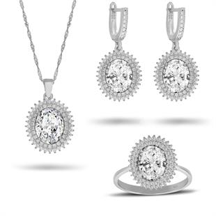 925 Ayar Gümüş Çift Sıra Taşlı Oval Takı Seti