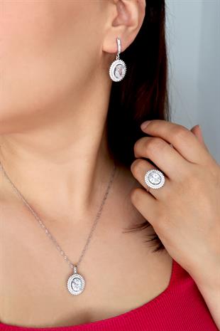 925 Ayar Gümüş Çift Sıra Taşlı Oval Takı Seti