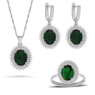 925 Ayar Gümüş Çift Sıra Taşlı Oval Takı Seti