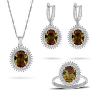 925 Ayar Gümüş Çift Sıra Zultanit Taşlı Oval Takı Seti