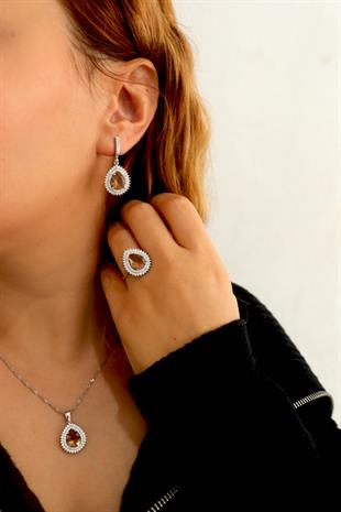 925 Ayar Gümüş Çift Sıra Zultanit Taşlı Mistik Topaz Damla Takı Seti