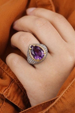 925 Ayar Gümüş Damla Ametist Damla Taşlı Otantik Yüzük