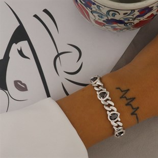 925 Ayar Gümüş Damla Desen Siyah Şık Bileklik