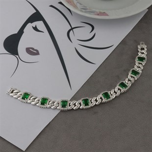 925 Ayar Gümüş Kare Desen Yeşil Bileklik