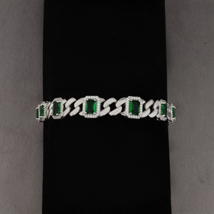 925 Ayar Gümüş Kare Desen Yeşil Bileklik