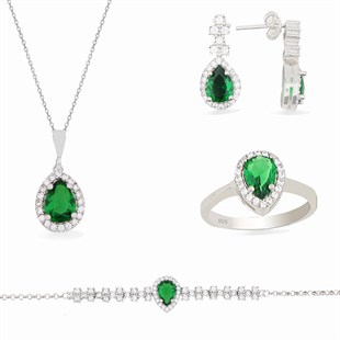 925 Ayar Gümüş Damla Desen Zümrüt Yeşili Şık Set 