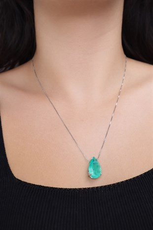 925 Ayar Gümüş Damla Doğal Paraiba Taşlı Kolye 