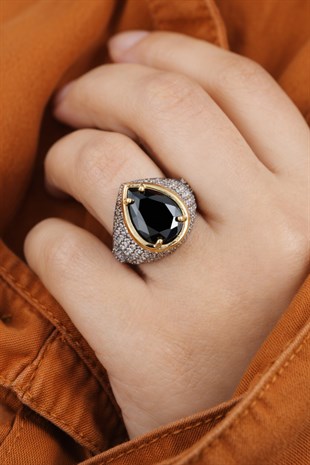 925 Ayar Gümüş Damla Onix Damla Taşlı Otantik Yüzük