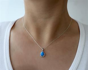 925 Ayar Gümüş Damla Opal Taşlı Kolye