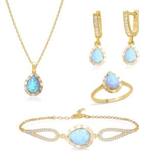 925 Ayar Gümüş Damla Opal Taşlı Takı Seti