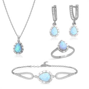 925 Ayar Gümüş Damla Opal Taşlı Takı Seti