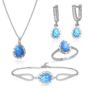 925 Ayar Gümüş Damla Opal Taşlı Takı Seti