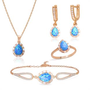 925 Ayar Gümüş Damla Opal Taşlı Takı Seti