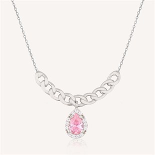 925 Ayar Gümüş Damla Pembe Taş Takı Seti Zincir Detay