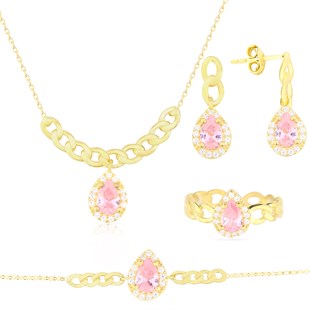 925 Ayar Gümüş Damla Pembe Taş Takı Seti Zincir Detay