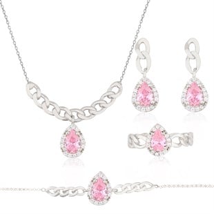 925 Ayar Gümüş Damla Pembe Taş Takı Seti Zincir Detay