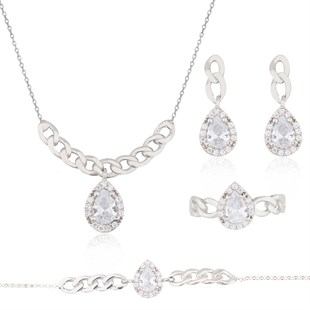 925 Ayar Gümüş Damla Taş Takı Seti Zincir Detay